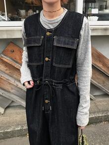 FRIFUL Women's Single-Breasted Cargo Pocket Casual Wide Leg Denim Jumpsuit - Blue - View 2