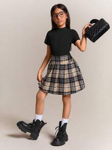 Radiana Tween Girls Black Ribbed Knit Crop Top And Khaki Plaid Pleated Skirt 2 Pieces Outfit, Casual And Collegiate Style - Khaki - View 4