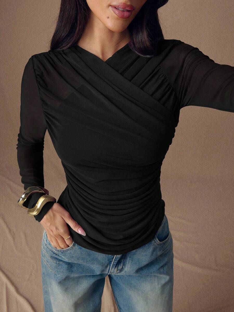 SHEIN BAE Women's Casual Solid Color Pleated Slim Fit Long Sleeve T-Shirt, Autumn - Black - View 1