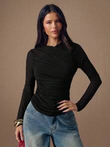 SHEIN BAE Women's Casual Solid Color Pleated Slim Fit Long Sleeve T-Shirt, Autumn - Black - View 5