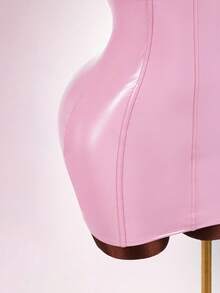 Amplova Váy ngủ latex màu hồng cho nữ, váy bó sát kiểu áo ngực gợi cảm với dây đai eo bo xương - Hồng - Xem 6