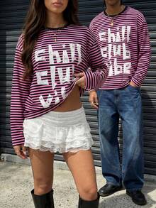 AXEPEAK Camiseta de manga larga de cuello redondo con estilo casual de calle y corte holgado a rayas, para hombres en primavera/otoño - Rosa - Ver 1