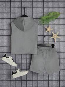 SHEIN 2件套男童字母印花连帽背心和抽绳腰带短裤休闲针织套装 - 灰色 - 查看 3