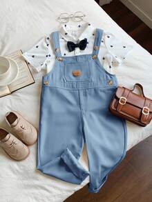 男童休闲舒适百搭可爱小熊图案背带裤 - 霧霾藍 - 查看 5