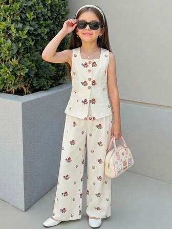 Firerie Kids 两件套少女泡泡袖露脐上衣+杏色长款休闲套装，时尚百搭，适合外出穿着