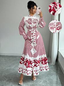 Elenzga 女士优雅时尚通勤休闲舒适迷人复古简约高端浪漫假日长袖立领蝴蝶结腰带抽绳A字下摆印花连衣裙 - 紅白色 - 查看 7