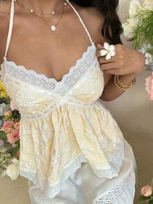 Franclia Áo kiểu nữ mùa hè phối họa tiết, khoét rỗng, thêu jacquard, cổ yếm, hở lưng. - Màu vàng - Xem 6