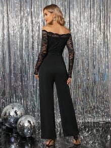SHEIN Clasi Plus Size Women's Black Contrast Lace Off-Shoulder Long Sleeve Jumpsuit,Elegant Formal Autumn Wide Leg Jumpsuits For Evening Night Out Club Party - Black - View 3