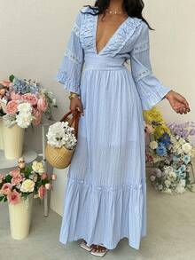 Franclia Robe longue à manches longues avec taille froncée et lien - Bleu azur - Voir 6