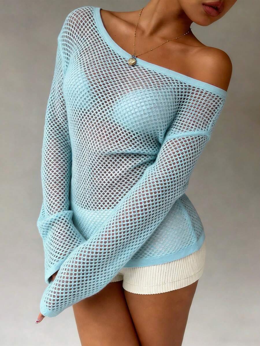 INAWLY Women's Off-Shoulder Solid Color Hollow-Out Knit Sweater, Suitable For Beach & Vacation - Blue - View 1