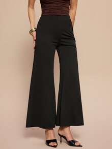 Leighera بنطلون أسود عريض الساق أنيق ذو خصر مرتفع وخصر مطاطي عصري - الأسود - مشاهدة 6