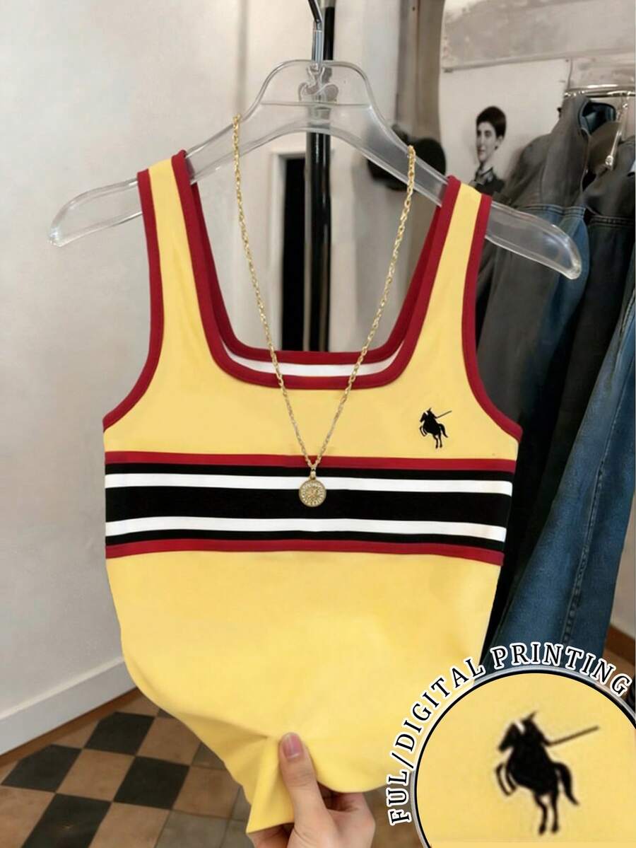 Resyla Striped Regular Fit Women Rider Print Round Neck Fitted Tank Top - Yellow - View 1