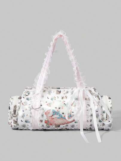 ROMWE Kawaii Fashionable Colorful Star Pattern Lace Cute Retro Shoulder Cylinder Boston Handbag For Women, 1481690