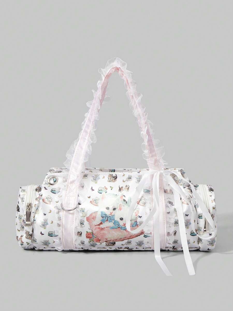 ROMWE Kawaii Fashionable Colorful Star Pattern Lace Cute Retro Shoulder Cylinder Boston Handbag For Women, 1481690 - White lead cat - View 1