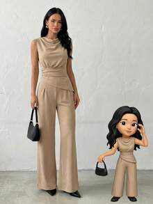 Firerie Set de damă cu top, guler drapat, tiv neregulat, culoarea cămilă, și pantaloni ușor evazați cu picior drept, set de pantaloni de culoare uni, set la modă modern, set elegant pentru naveta, set șic, set fără mâneci, îmbrăcăminte de primăvară/toamnă/iarnă, ținută elegantă, pentru naveta, business, casual, minimalistă, de lucru, ținută de Ziua Profesorului - Cămilă - Vizualizare 3