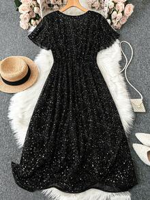 SHEIN Clasi Plus Size Glitter Pattern Elegant Short Sleeve Dress - Black - View 2