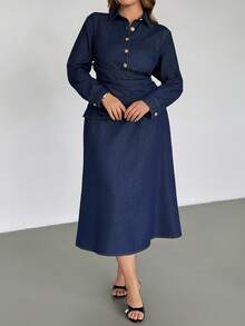 Auralis 大码女式时尚休闲单排扣长袖牛仔连衣裙，春夏情人节狂欢节服装，通勤度假毕业典礼时尚Y2K可爱街头风派对婚礼优雅商务休闲女式牛仔纽扣连衣裙，翻领长袖系带腰身细节 - 藍色 - 查看 3