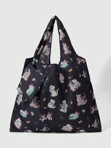 ROMWE Kawaii Bolso de tote plegable de gran capacidad con estampado de corazones y notas musicales de moda, bolso de compras portátil con monedero - Gato líder - View 2