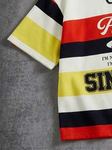 Manfinity ZONE917 宽松短款粗条纹撞色多标语POLO衫，版型宽松，适合约会和聚会，送给男朋友的绝佳礼物 - 彩色 - 查看 4