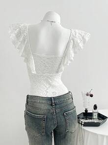 Elamini Women's Sexy White Lace Lingerie Bodysuit, Valentine's Day - White - View 2