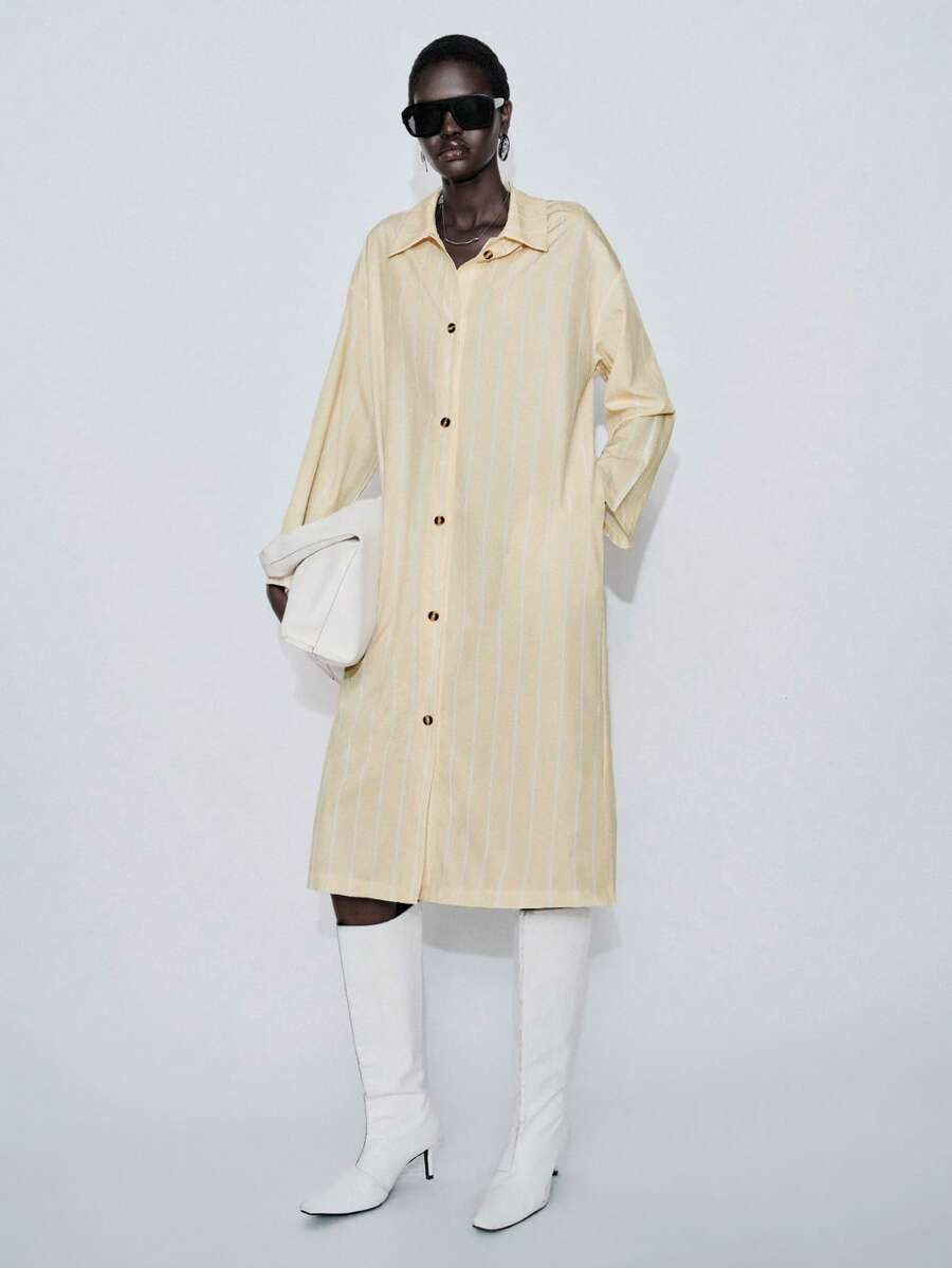 Lumivelle 女士优雅条纹轻薄长袖外套，适合通勤和度假穿着 - 黃色 - 查看 1