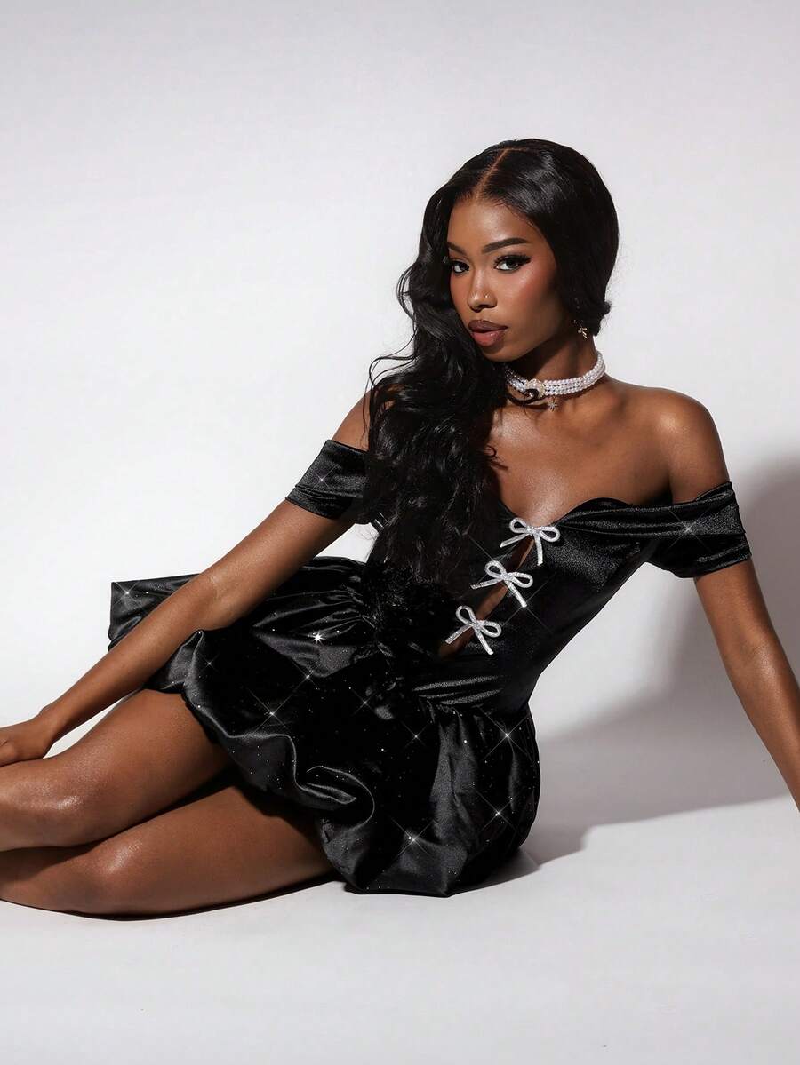 New Year & Valentine's Day Party/Date Off-Shoulder Rhinestone Bow Decor Bodycon Mini A-Line Dress Y2k Dress Black Satin Dress - Black - View 1