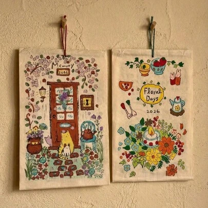 Cirelle Lịch nghệ thuật Nepal 2026 - Tranh minh họa trà chiều và mèo, đồ trang trí tường/bàn làm việc thủ công, quà tặng văn hóa cho gia đình và văn phòng.