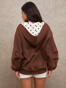 WESTFADE 波点图案带衬里连帽拉链前袋长筒袖连帽卫衣外套 - 棕色 - 查看 1