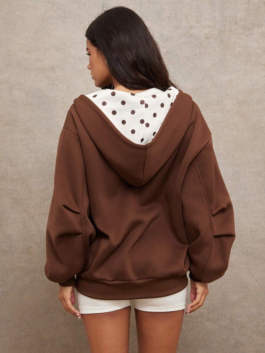 WESTFADE 波点图案带衬里连帽拉链前袋长筒袖连帽卫衣外套 - 棕色 - 查看 1