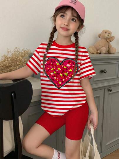 2pcs/Set Tween Girls' Casual Fashion Creative Personalized Refreshing Chic Minimalist Shiny Heart & Striped Pattern Print Short T-Shirt And Bike Shorts Set, Comfortable Outfit Suitable For Spring, Summer, Valentine's Day, Daily Sports Clothes For Kid Girls Summer Clothes Red Red Casual Outfit Girl Two Piece Set For Girl Girl S Pants And Shirt Sets Girls Red Outfit 2 Piece