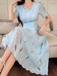 DAZY Women's Elegant Floral Lace Round Neck Puff Sleeve Midi Dress, Summer