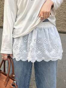 FRIFUL Chân váy xếp lớp thêu rỗng màu trơn dáng thường ngày dành cho nữ, thích hợp cho mùa xuân. - Màu be - Xem 3