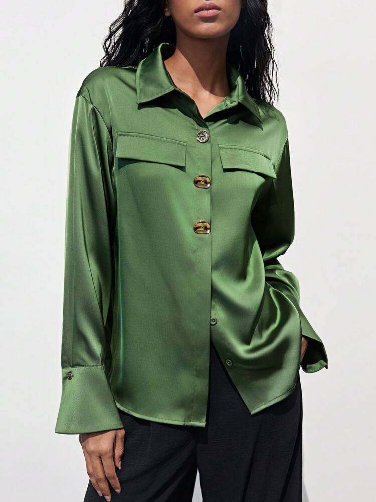 SHEIN Maija Women's Casual Solid Color Long Sleeve Shirt, Lightweight Satin Fabric, Front Metal Button Simple Design, Versatile And Practical, Can Be Worn Alone Or As A Layering Piece, Showcasing A Natural And Comfortable Daily Style