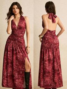Poéselle Women's Elegant Burgundy Floral Halter Maxi Dress,Summer Dinner Date Ruched Waist Side Slit Boho Brocade Jacquard Long Banquet Winery Evening Gown - Coral Pink - View 2