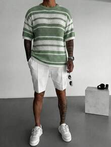 Manfinity LEGND 男士夏季休闲度假条纹镂空针织短袖毛衣 - 綠色 - 查看 3