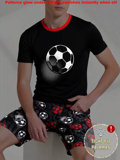 Tween Boys Glow-In-The-Dark Football Print Short Sleeve Top And Allover Print Tight Fit Shorts 2-Piece Pajama Set