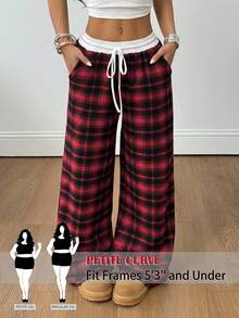 SHEIN PETITE CURVE Quần ống rộng kẻ caro dáng rộng, cạp chun, thích hợp cho mùa thu. - Màu Đỏ Sâu - Xem 1