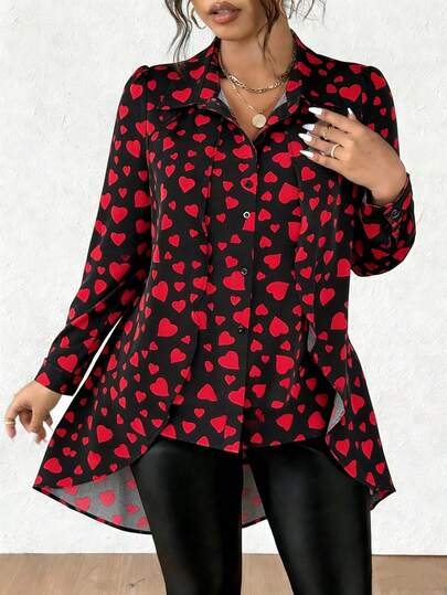 Vionelle Women's Plus Size Black Random Heart Print Long Sleeve Casual Blouse High Low Hem Shirt