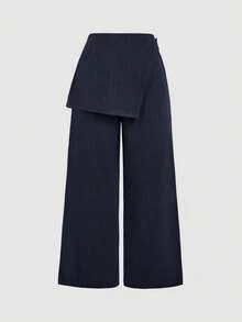 SHEIN MOD Pantalones formales con superposición de color gris oscuro para mujer de talla grande, adecuados para la temporada de regreso a la escuela, ropa de trabajo en otoño/invierno - azul real - Ver 2