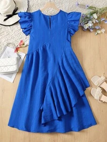 SHEIN Teen Girl Casual Vacation Solid Blue Woven Textured Flutter Sleeve Asymmetrical Ruffle Hem A-Line Dress, Spring/Summer - Blue - View 2