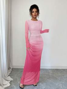 SHEIN Raffinéa Đầm ôm sát dài tay bằng vải lưới xuyên thấu, kiểu ombre, xếp ly, thích hợp mặc hàng ngày đi biển, ở nhà, công sở. - Màu Hồng  San hô - Xem 7