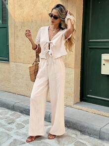 SHEIN Frenchy 女士度假休闲纯色系带衬衫和裤子两件套 - 杏色 - 查看 3