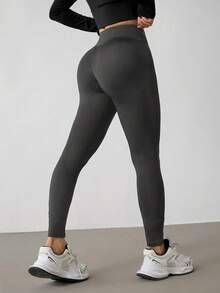 SHEIN PETITE Women's Solid Color V-Waist Slim Fit Casual Pants - Dark Grey - View 3