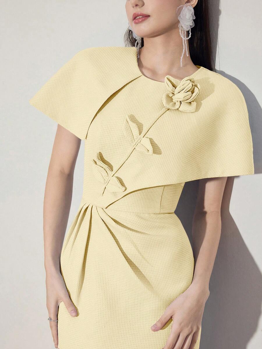 Modelyn 女士优雅中长连衣裙，饰有3D立体花卉纹理