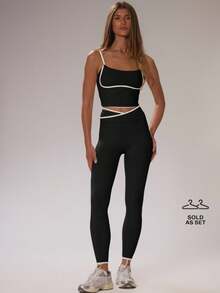 Musera Sport Sport Contrast Piping Fitted Crop Top And Crossover High Waist Leggings Co-Ord Set Cinched Stretch Padel Autumn Fall  Activewear Sport Gym Workout Lounge Ski Fitness Off Piste Yoga Pilates Daily Casual