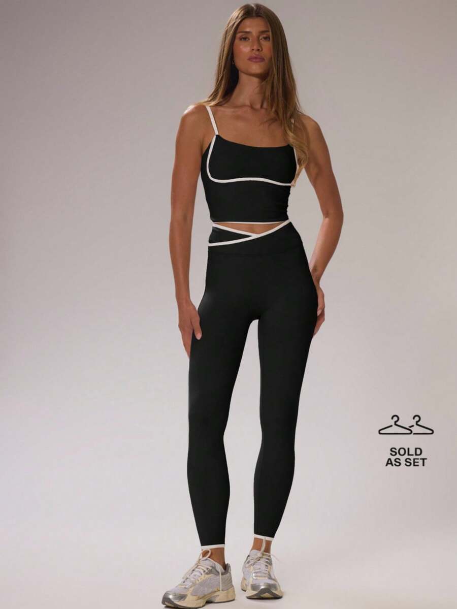 Musera Sport Sport Contrast Piping Fitted Crop Top And Crossover High Waist Leggings Co-Ord Set Cinched Stretch Padel Autumn Fall  Activewear Sport Gym Workout Lounge Ski Fitness Off Piste Yoga Pilates Daily Casual