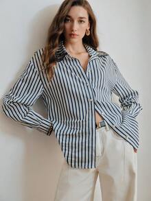 Anewsta Áo sơ mi nữ tay dài kẻ sọc thanh lịch mùa thu/đông mới, kiểu dáng sang trọng, thích hợp mặc đi làm hoặc đi làm. - Xanh đậm - Xem 6