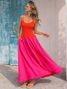 Vivid Eden 女士撞色极简休闲吊带长裙，夏季服装，情人节，女士度假装，女士沙滩装，节日，浪漫，波西米亚风，甜美，锐舞节装，热带度假装，嘉年华，假期，度假风，夏季沙滩裙，返校连衣裙，简约装扮，女士乡村风，职业装，复古风，教师装，约会装，毕业季连衣裙，女士连衣裙，春夏休闲连衣裙，夏季连衣裙 - 橘色 - 查看 1