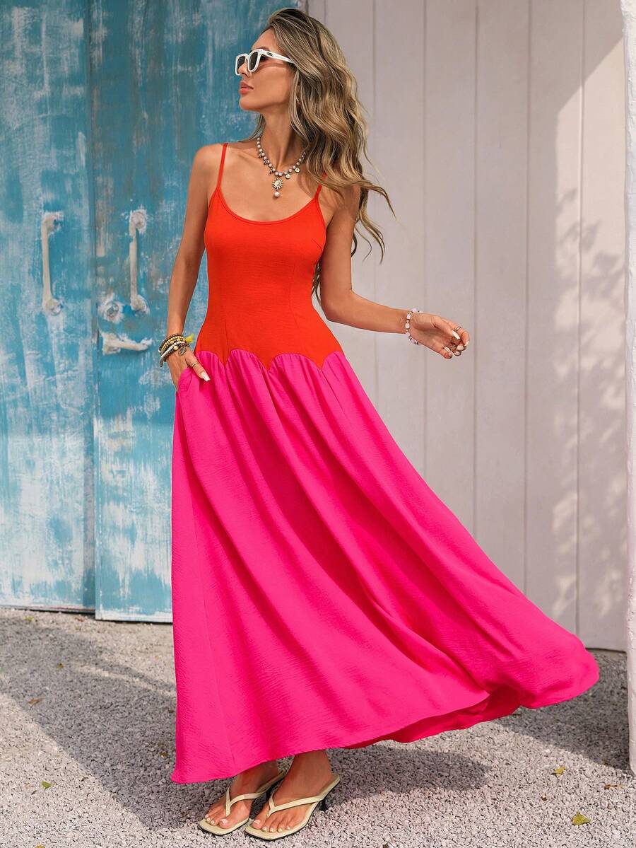 Vivid Eden 女士撞色极简休闲吊带长裙，夏季服装，情人节，女士度假装，女士沙滩装，节日，浪漫，波西米亚风，甜美，锐舞节装，热带度假装，嘉年华，假期，度假风，夏季沙滩裙，返校连衣裙，简约装扮，女士乡村风，职业装，复古风，教师装，约会装，毕业季连衣裙，女士连衣裙，春夏休闲连衣裙，夏季连衣裙 - 橘色 - 查看 1