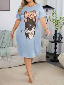 大码可爱小猫针织短袖睡衣 - 彩色 - 查看 5